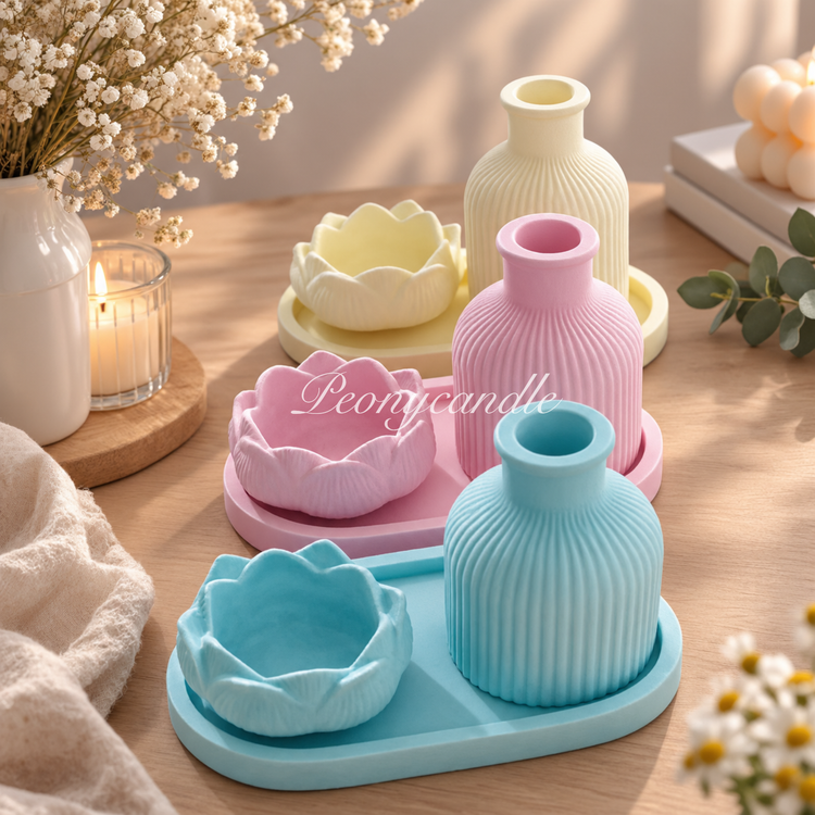 ست سنگی سینی بیضی و گلدان و جا وارمریpeonycandle طرح لاله
